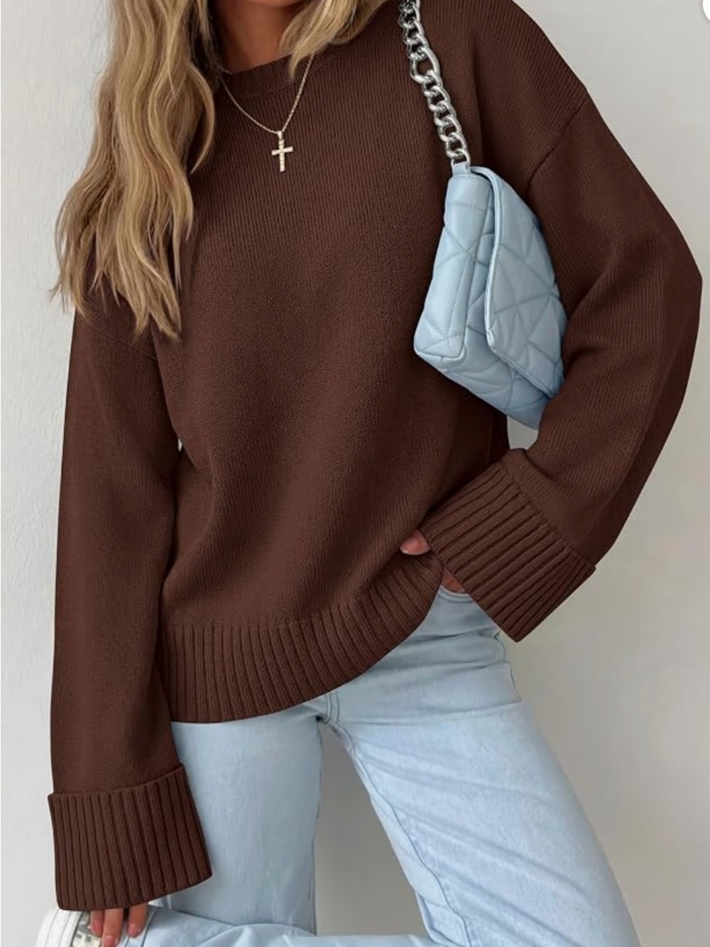 Women’s Oversized Brown Ribbed Cuff Crewneck Sweater Size Medium